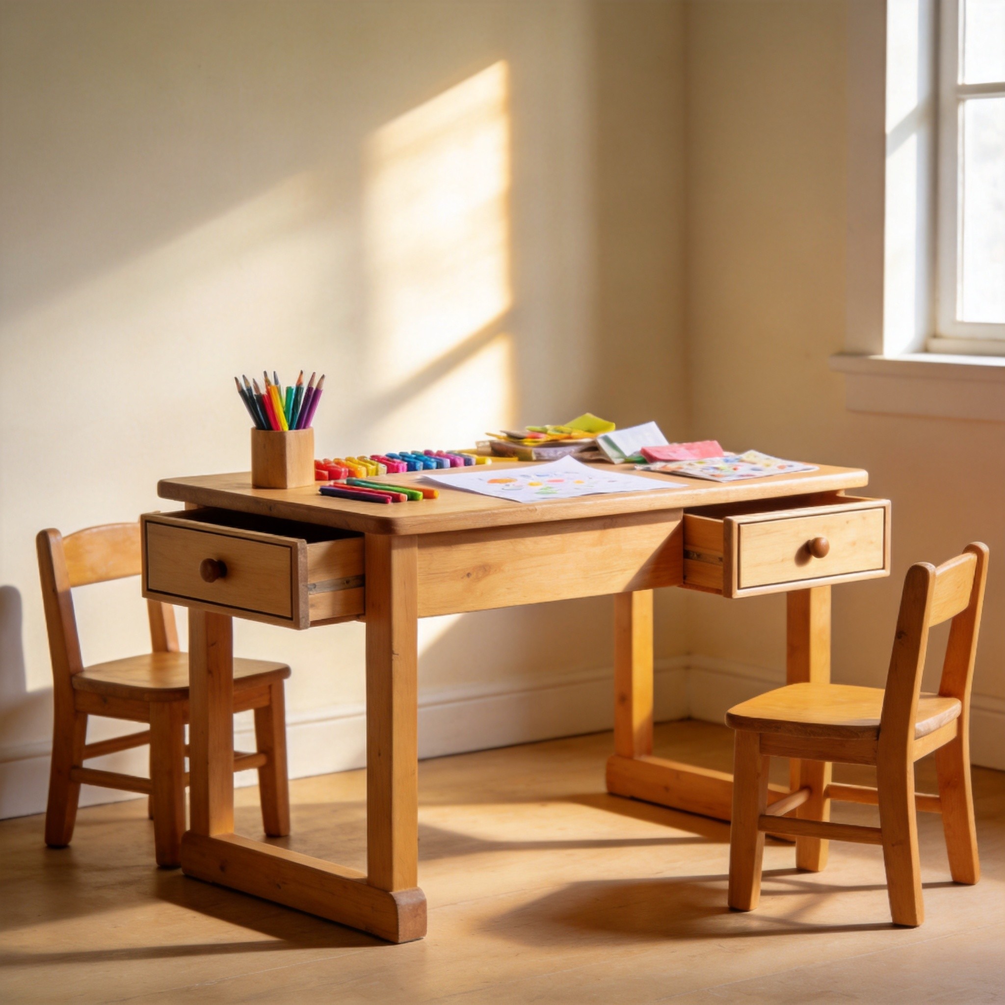 Wooden Play Table with Drawers